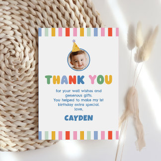 Colorful Boy 1st Birthday Photo Thank You Card