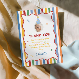 Colorful Boy 1st Birthday Photo Thank You Card