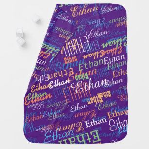 Colorful Boy Name Stamped allover Royal Purple Baby Blanket