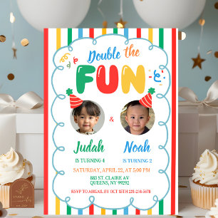 Colorful Boys Double The Fun with photo Birthday Invitation