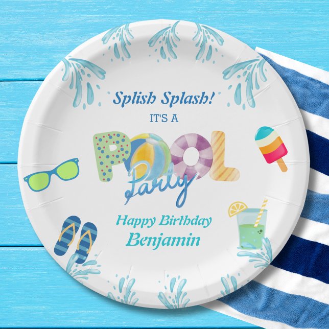 Colorful Boy's Swimming Pool Birthday Party  Paper Plates (Creator Uploaded)