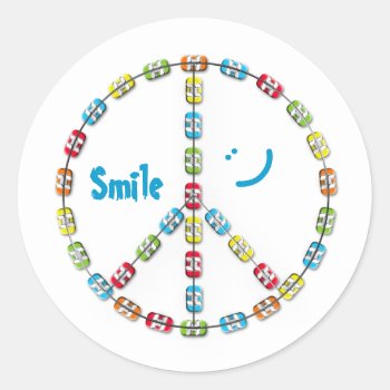 Colorful Braces Peace Sign Smile Classic Round Sticker by PamJArts at Zazzle