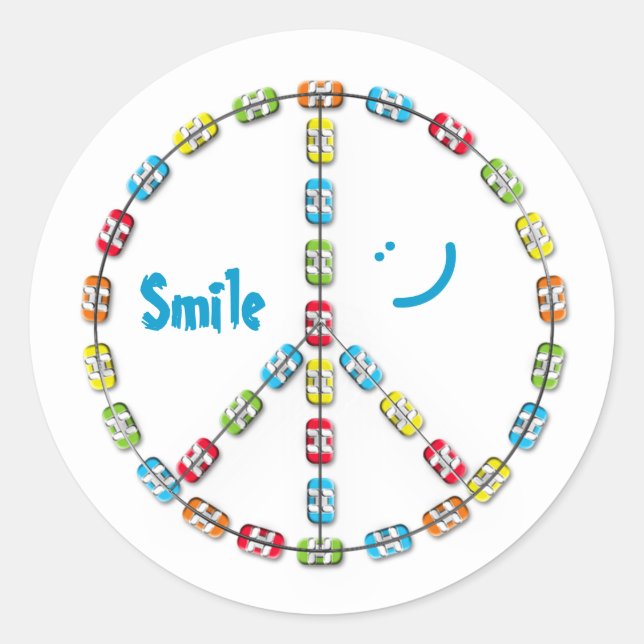 Colorful Braces Peace Sign Smile Classic Round Sticker (Front)