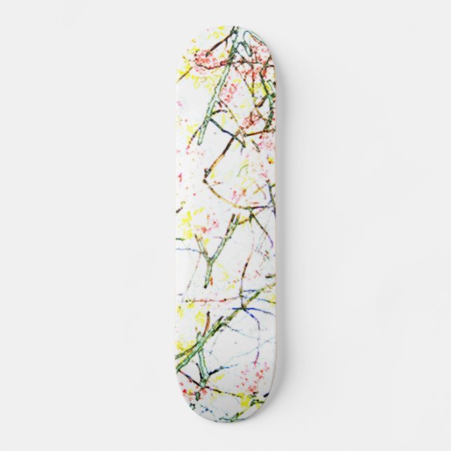Colorful branches on white abstract design skateboard deck (Front)