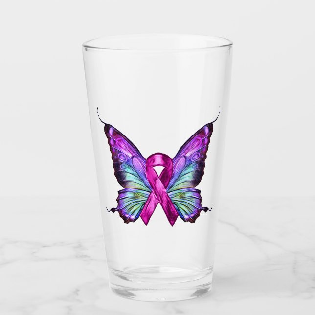 Colorful Breast Cancer Awareness Butterfly Glass (Front)