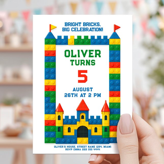 Colorful brick birthday party with playful castle  invitation (Creator Uploaded)