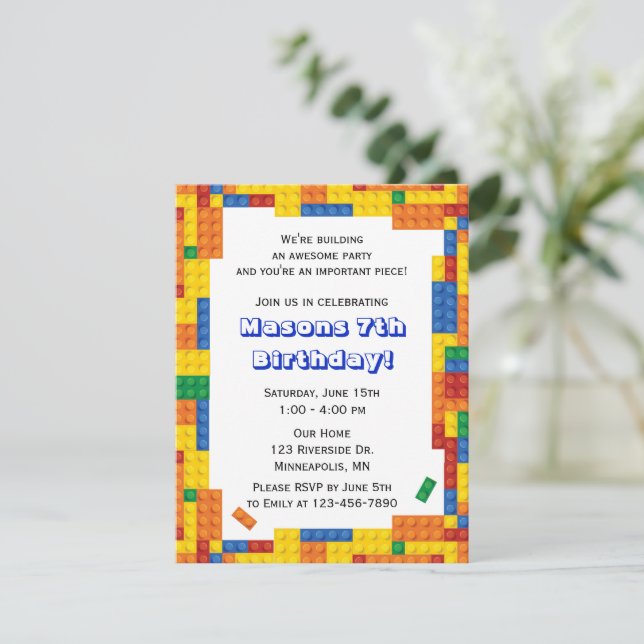 Colorful Bricks Building Blocks Birthday Party Invitation (Standing Front)
