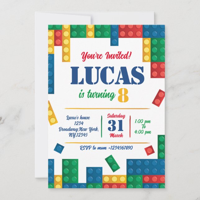 Colorful Bricks Building Blocks Birthday Party Invitation (Front)