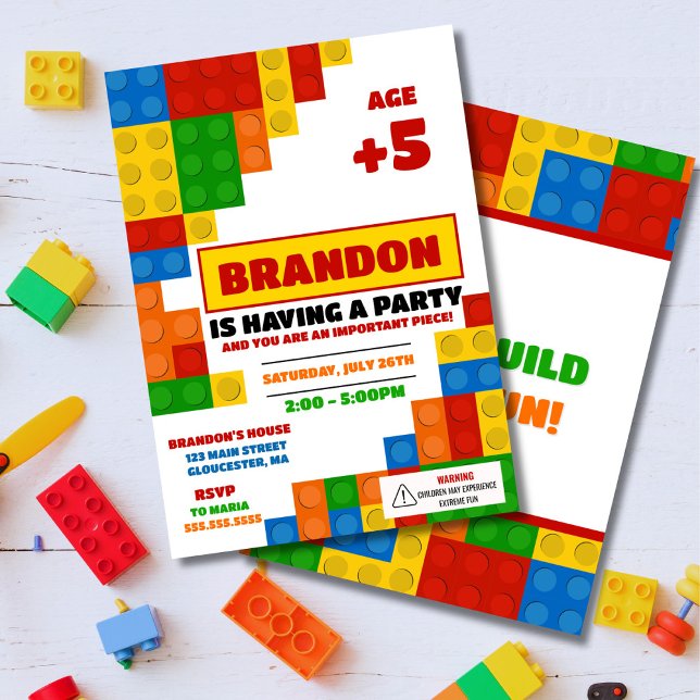 Colorful Bricks Building Blocks Birthday Party  Invitation (Building blocks birthday invitation)