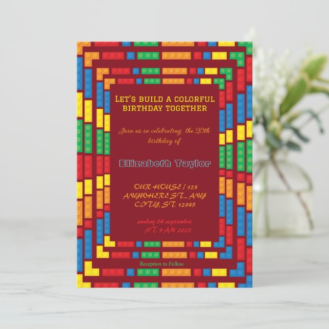 Colorful Bricks Building Blocks Birthday Party  Invitation (Standing Front)