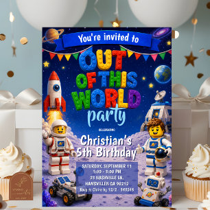 Colorful Bricks Out of this world space birthday Invitation