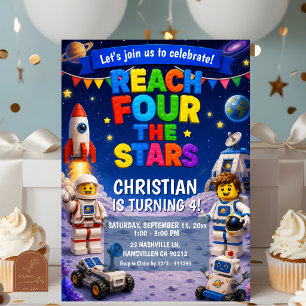 Colorful Bricks Reach FOUR the stars birthday Invitation