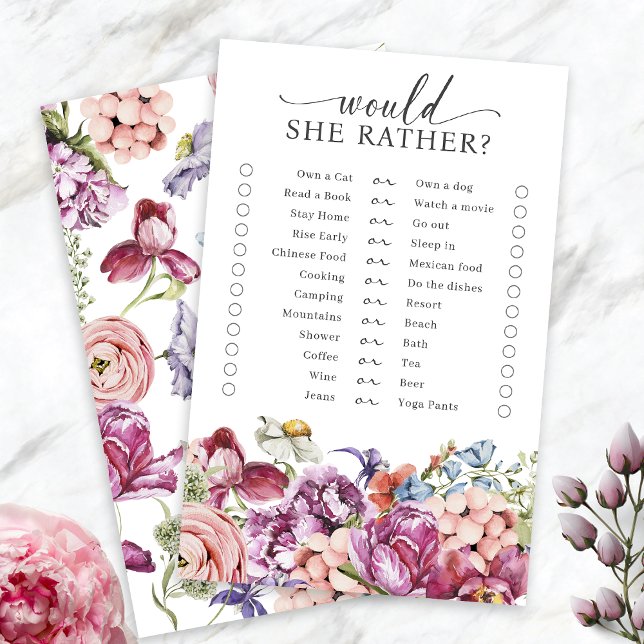 Colorful Bridal Shower Game (Colorful Jewel Tone Wildflower  Would She Rather Bridal Shower Game by Painted Paperie
)