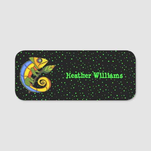 Colorful Bright Abstract Lizard on Green Dots Name Tag