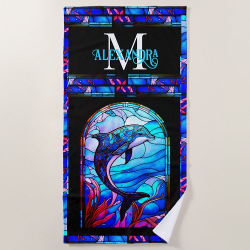 Colorful Bright Blue Dolphin Look of Stained Glass Beach Towel