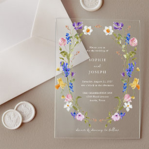 Colorful Bright Boho Floral Wreath Wedding Acrylic Invitations