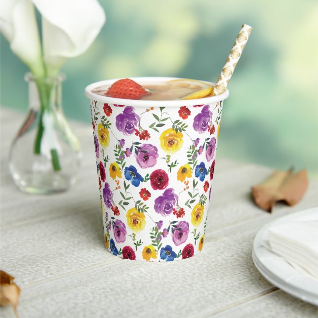 Colorful Bright & Bold Watercolor Floral  Paper Cups (Insitu)
