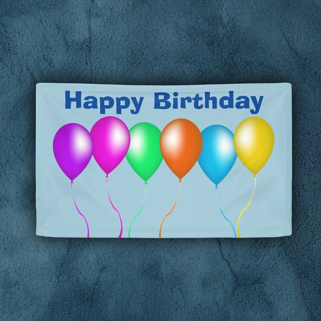 Colorful Bright Bunch of Balloons Banner (Happy Birthday blue banner with row of colourful festive balloons with streamers.)