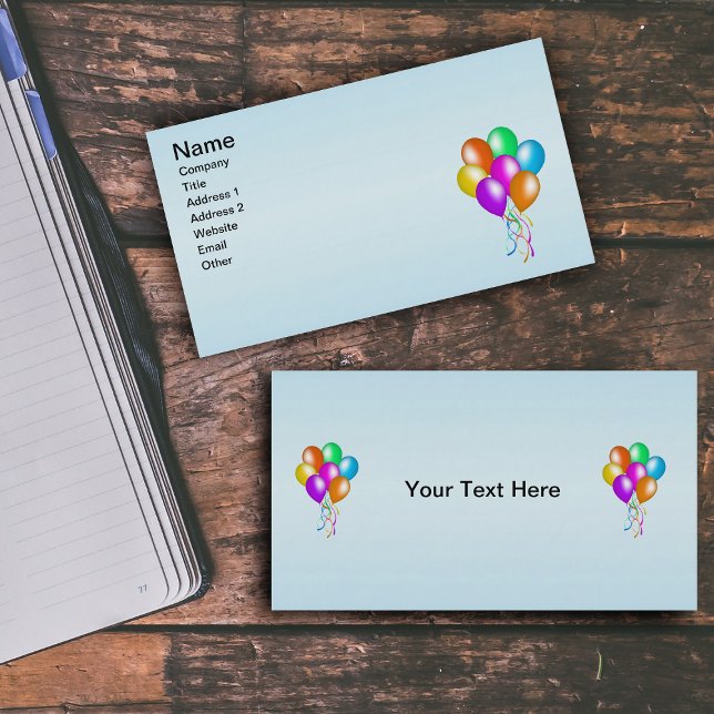 Colorful Bright Bunch of Balloons Business Card (Bunch festive balloons in pretty colours with streamers on light blue business cards.)