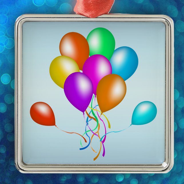 Colorful Bright Bunch of Balloons Metal Ornament (Bunch colourful festive party balloons various colours on light blue hanging ornament.)