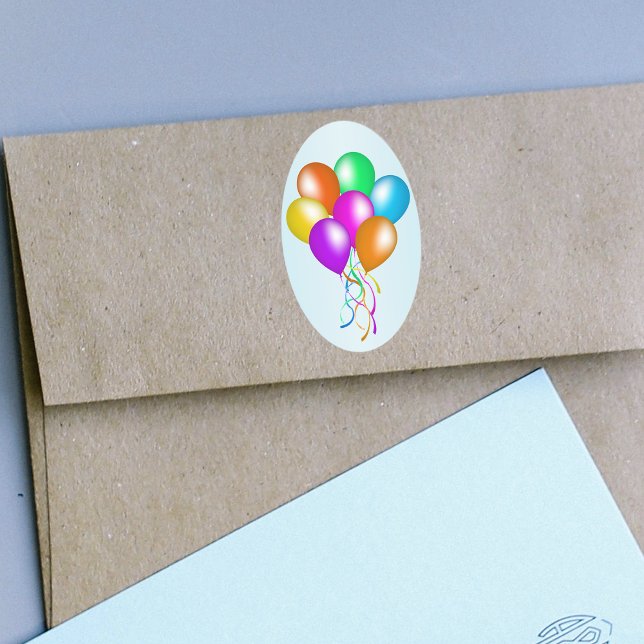 Colorful Bright Bunch of Balloons Oval Sticker (Bunch brightly coloured balloons streamers on oval light blue stickers.)