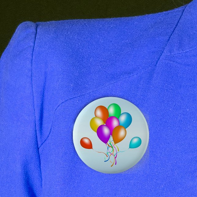 Colorful Bright Bunch of Balloons Pinback Button (Bunch Colourful festive balloons with streamers on light blue round Birthday pin back button.)