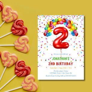Colorful Bright Confetti Balloons 2nd Birthday Invitation