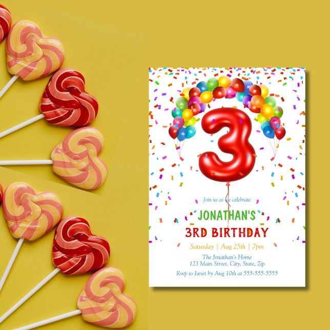 Colorful Bright Confetti Balloons  3rd Birthday Invitation (Creator Uploaded)