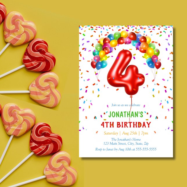 Colorful Bright Confetti Balloons 4th Birthday Invitation (Creator Uploaded)