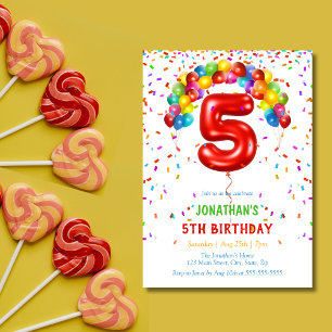 Colorful Bright Confetti Balloons 5th Birthday Invitation