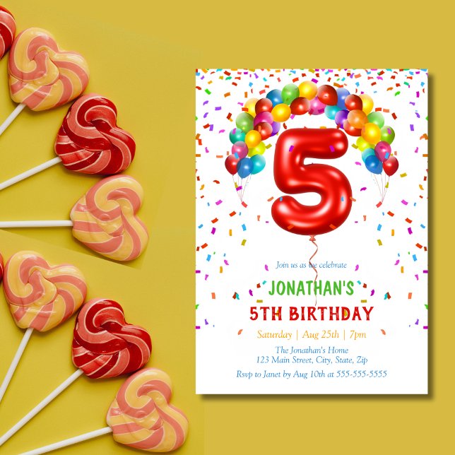 Colorful Bright Confetti Balloons 5th Birthday Invitation (Creator Uploaded)