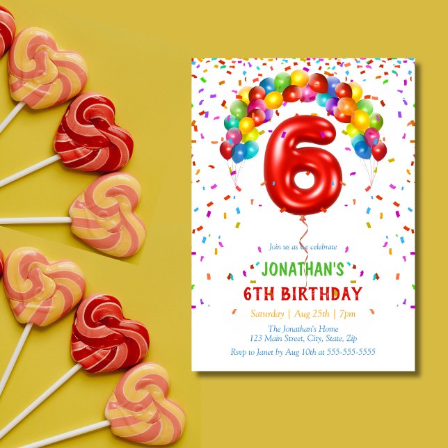 Colorful Bright Confetti Balloons 6th Birthday Invitation (Creator Uploaded)