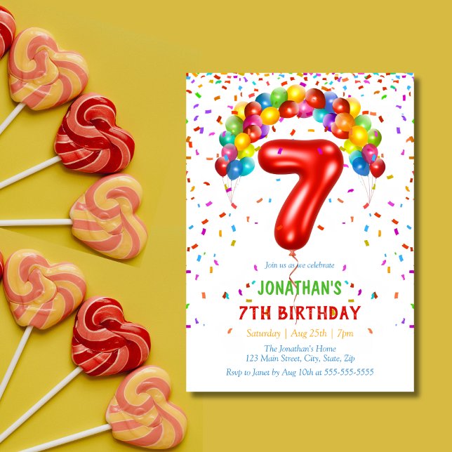 Colorful Bright Confetti Balloons 7th Birthday Invitation (Creator Uploaded)