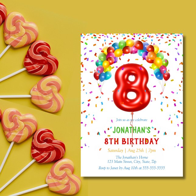 Colorful Bright Confetti Balloons 8th Birthday Invitation (Creator Uploaded)