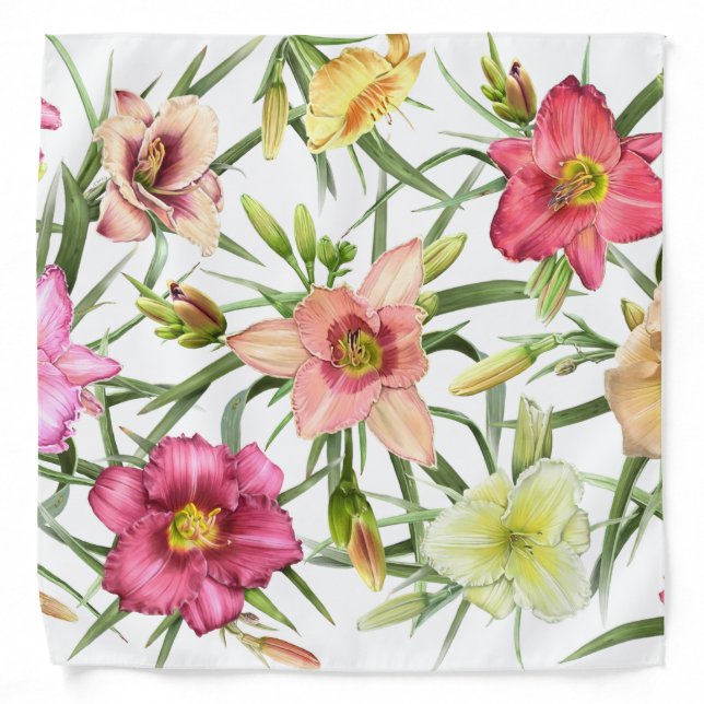 Colorful Bright Daylily Floral Botanical Pattern Bandana (Front)