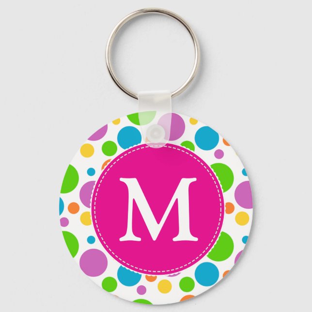 Colorful Bright Dots Pattern Pink Monogram Keychain (Front)