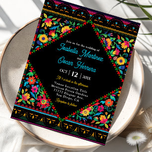 Colorful bright fiesta floral black wedding invitation