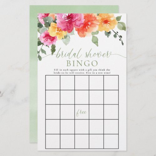 Colorful bright floral bridal shower bingo game