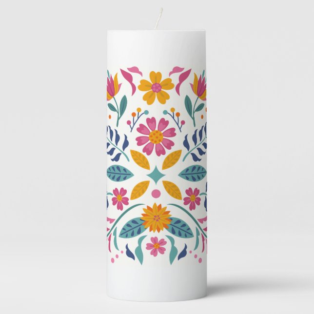 Colorful Bright Floral Modern Botanical Flowers Pillar Candle (Front)