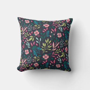 Colorful bright floral print with flowers and leav throw pillow