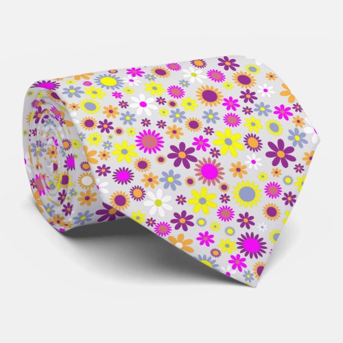 Colorful Bright Flower Pattern On Light Gray Tie