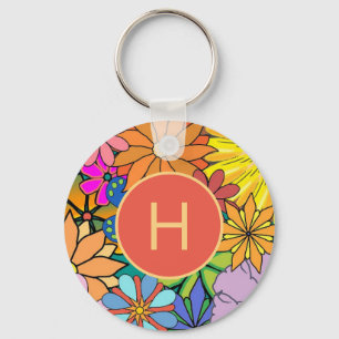 Colorful Bright Flower Power Monogram Keychain