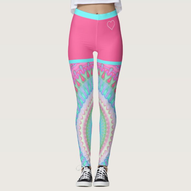 Colorful Bright Hippie Circle Pattern Pink Blue Leggings (Front)