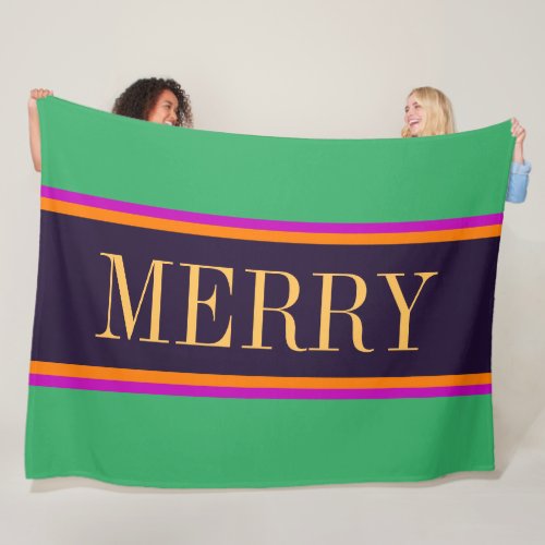 Colorful Bright MERRY Mint Green Pink Stripes Fleece Blanket
