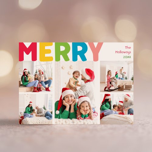 Colorful  Bright Merry Year In Review Five Photo Holiday Card