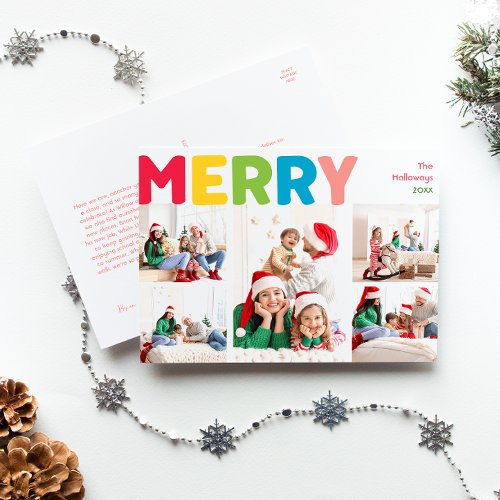 Colorful  Bright Merry Year in Review Five Photo Holiday Postcard