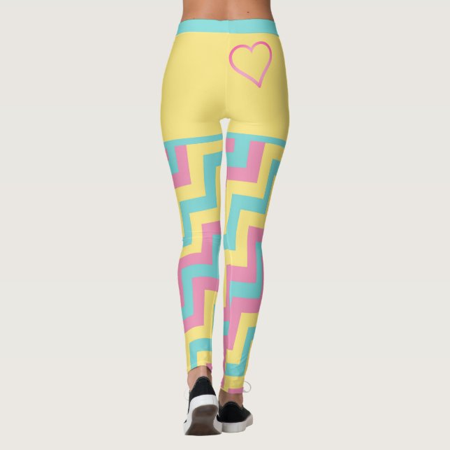 Colorful Bright Modern Geometric Chevron w/ Hearts Leggings (Back)