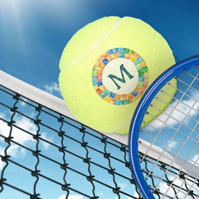 Colorful Bright Mosaic Border Monogrammed Tennis Balls (A monogrammed tennis ball with colorful mosaic pattern and initial on both sides)