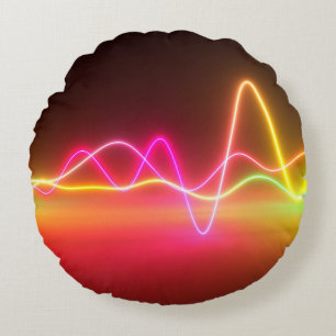 Colorful bright neon glowing graphic equalizer. Mu Round Pillow