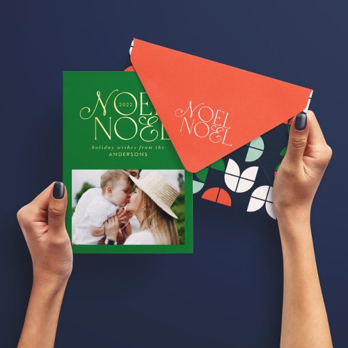 Colorful bright Noel Christmas geometric photo Fo Foil Holiday Card